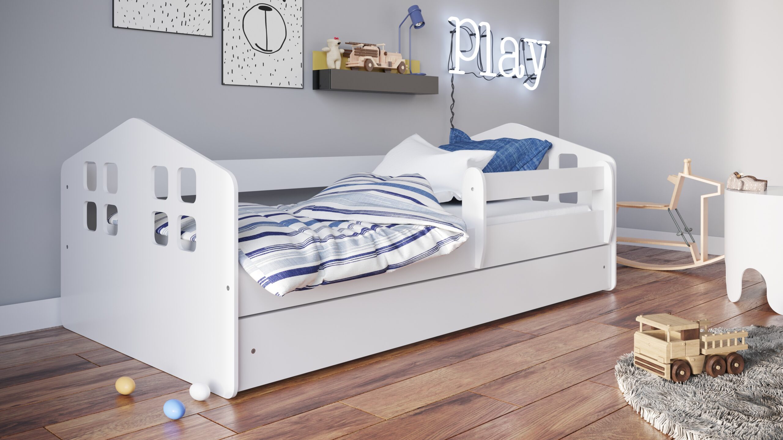 Lit classique NOAH forme maison chambre enfant mixte Lit classique NOAH forme maison chambre enfant mixte