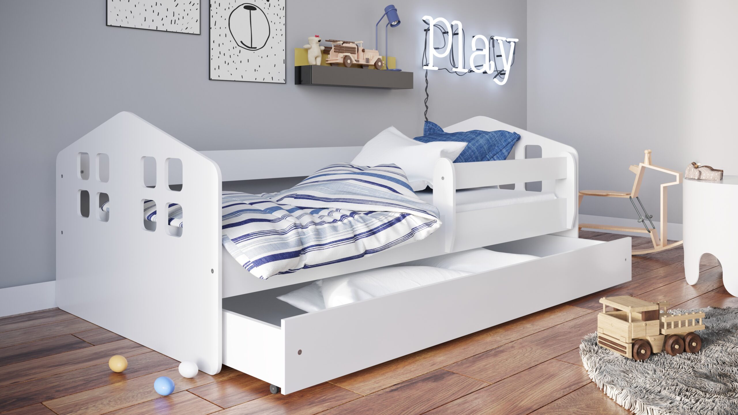 Lit classique NOAH forme maison pour chambre enfant mixte avec tiroir Kamazza Lit classique NOAH forme maison pour chambre enfant mixte avec tiroir Kamazza