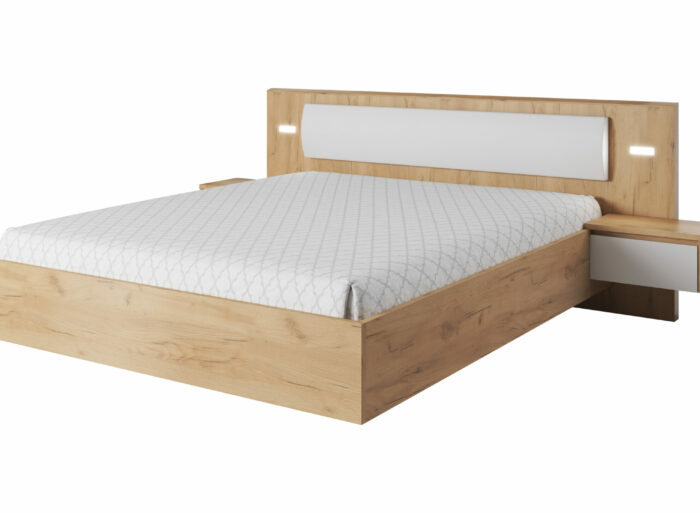Lit coffre 160cm avec sommier relevable tête de lit et 2 chevets avec tiroirs intégrés – LYAN