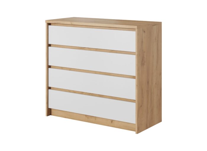 Commode Chambre 4 grandes tiroirs 90cm Blanc et Chêne – LYAN