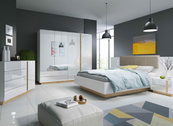 Chambre complète avec Lit coffre 160cm Chevets et Commode 4 tiroirs – BRYCE