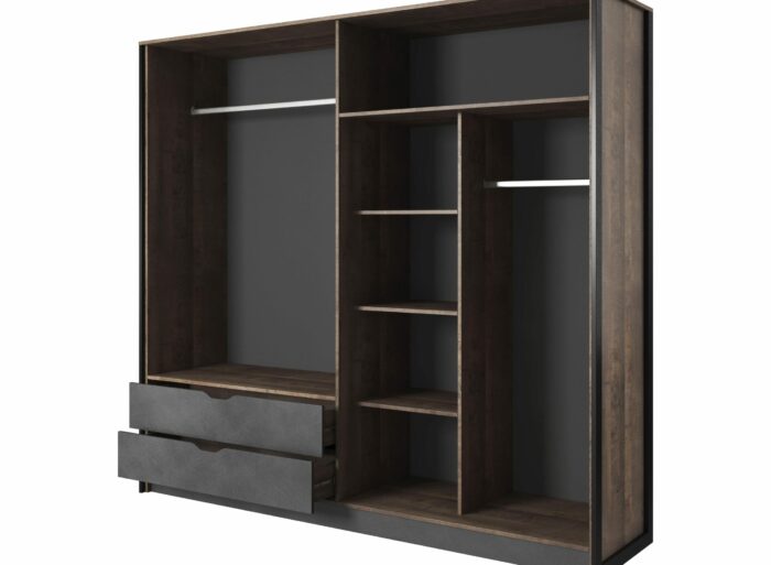 Armoire Chambre double penderie et étagères 4 portes miroir 220cm Gris et Chêne – STOCKHOLM
