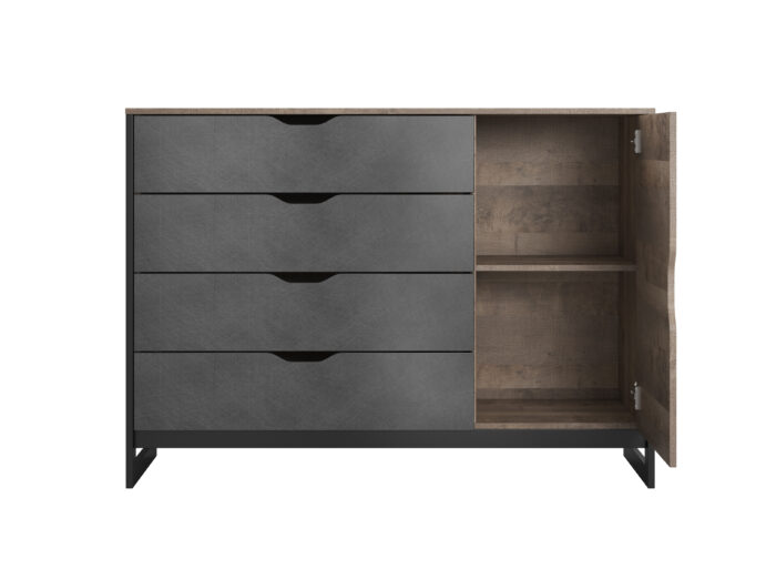 Commode Chambre 4 grandes tiroirs 1 porte 138cm Gris et Chêne – STOCKHOLM