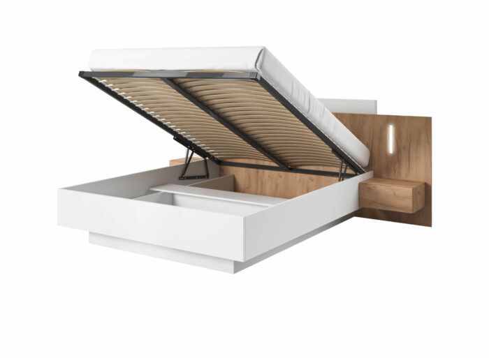Lit coffre160x200cm cm chevets et sommier relevable inclus Blanc et Chêne – ALMOSA