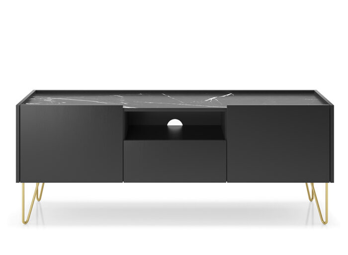 Meuble Télé 2 portes 1 tiroir 1 niche 144 cm Noir – ALICIA