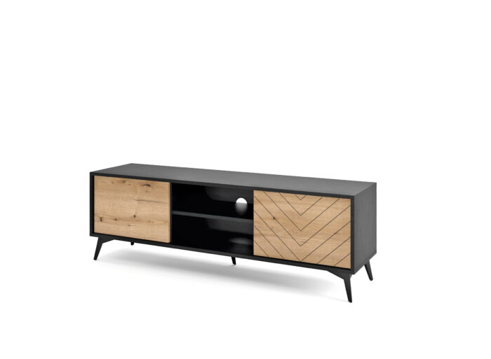 Meuble Télé 2 portes Chêne et Noir pieds métal 154cm – THAÏS