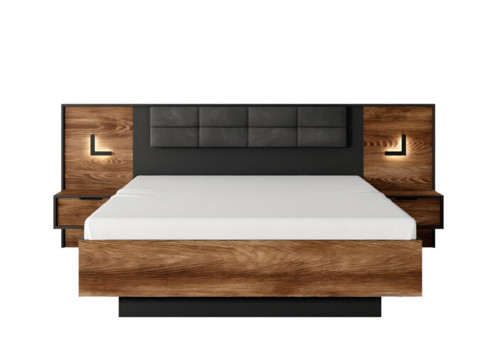 Lit avec chevet intégré 160×200 coffre de rangement et led châtaigne et noir – LONDON