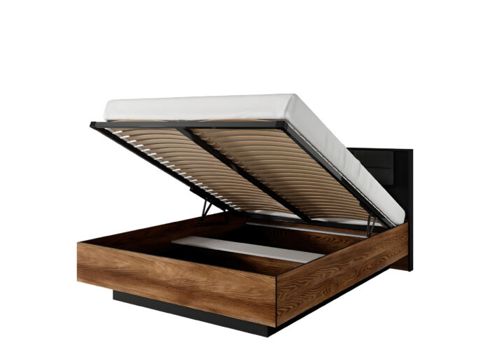 Lit avec chevet intégré 160×200 coffre de rangement et led châtaigne et noir – LONDON