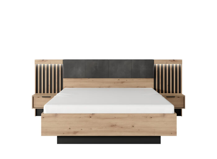 Lit coffre 160cm Chevets LED et sommier relevable inclus Chêne et Noir – LYTA