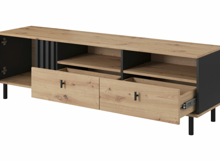 Meuble télé 1 portes 2 tiroirs 2 étagères 170cm Chêne et Noire – DUSTY