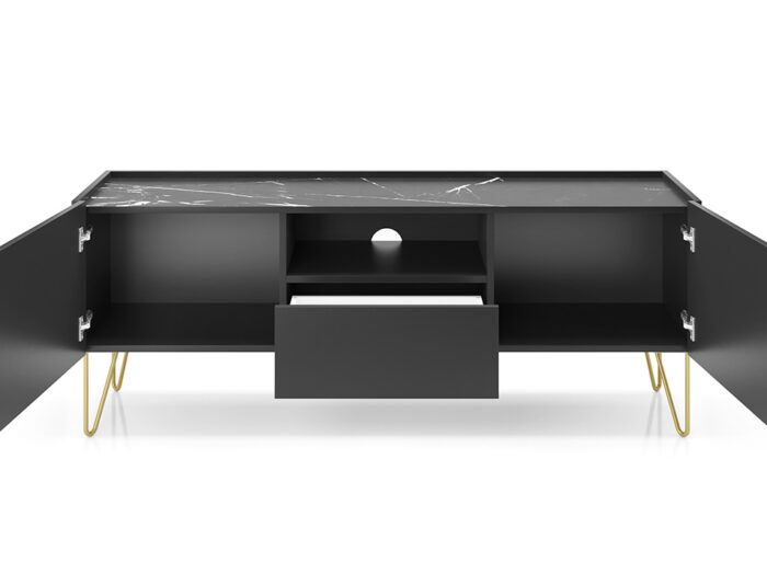 Meuble Télé 2 portes 1 tiroir 1 niche 144 cm Noir – ALICIA