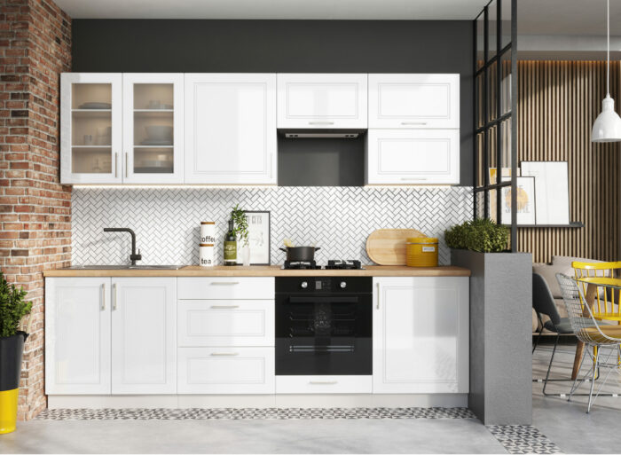 Cuisine complète 260 cm emplacement four et lave-vaisselle encastrable couleur gris ou blanc – MIA – Blanc brillant