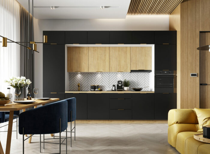 Cuisine complète 360 cm emplacement pour four et lave vaisselle encastrable noir et chêne – LUNA