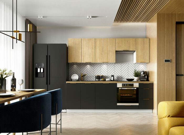 Cuisine complète emplacement pour four encastrable 240cm couleur noir et chêne – LUNA