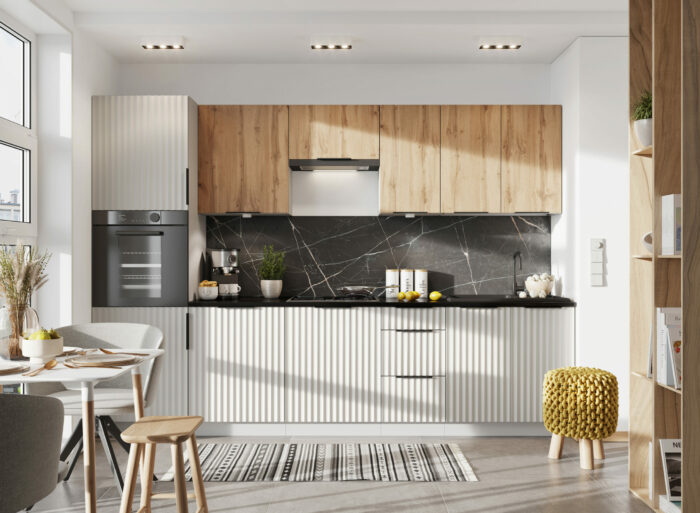 Cuisine complète emplacement pour four encastrable 300 cm couleur blanc et chêne – RANIA – Blanc et chêne