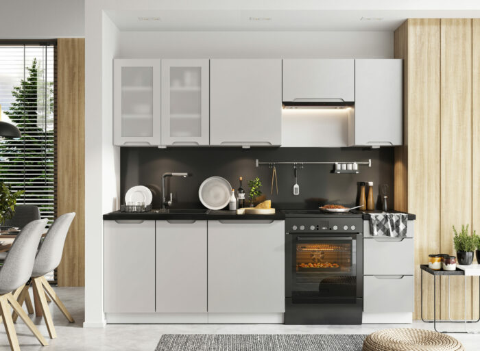 Cuisine complète emplacement pour four encastrable 240cm gris claire mat – ALESSANDRA