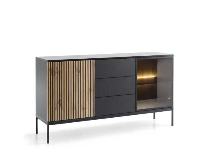 Buffet 2 portes 3 tiroirs avec LED Chêne et Noir 155 cm – MAEL