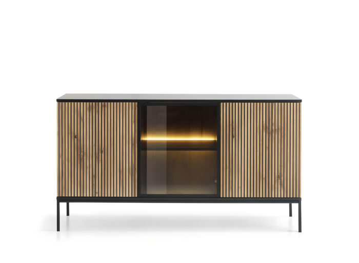 Buffet 3 portes avec LEDs intégré Chêne et Noir 155 cm – MAEL