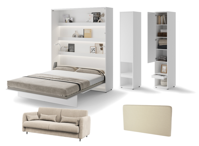 Lit escamotable canapé crème velour armoires étagères, tête de lit et chevets intégrés ouverture pneumatique – SMART