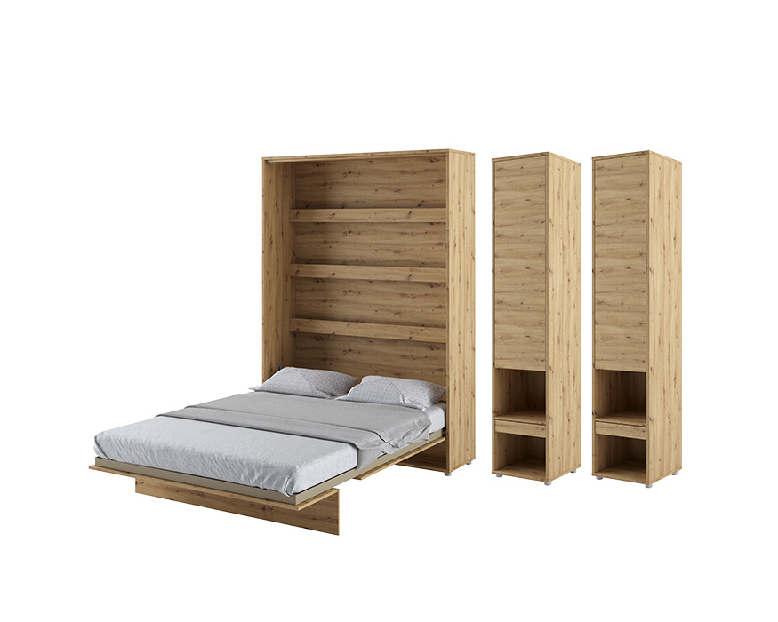 Chambre gain de place avec lit escamotable et deux colonnes couleur chêne - Lit escamotable avec armoires