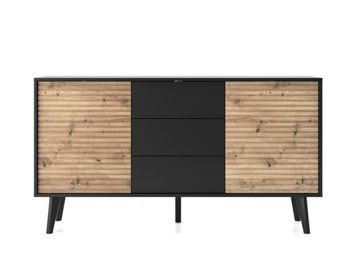 Buffet 2 portes 3 tiroirs Noir et Chêne 155 cm – ISAAC