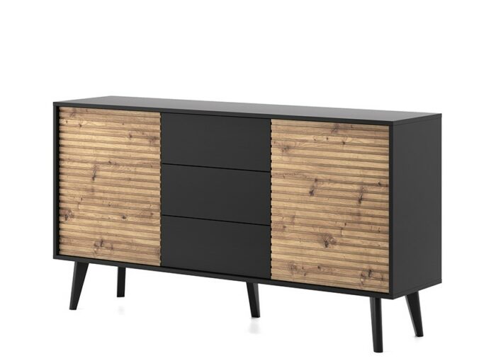 Buffet 2 portes 3 tiroirs Noir et Chêne 155 cm – ISAAC