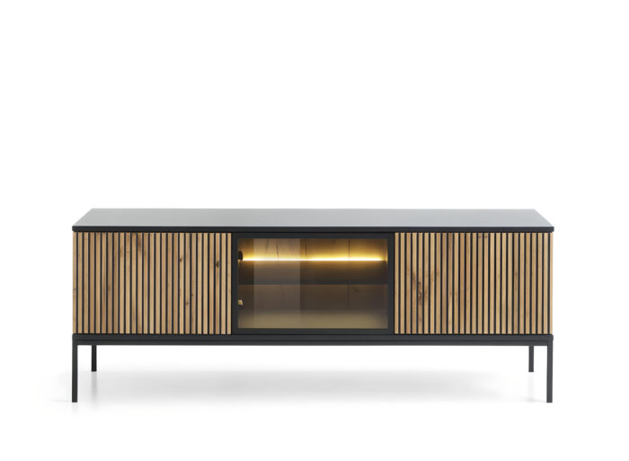 Meuble télé 3 portes avec LED Chêne et Noir 155 cm – MAEL