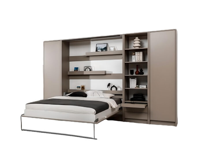 Lit bibliothèque escamotable vertical avec 2 armoires 1 bibliothèque 1 chevet – LOLITA