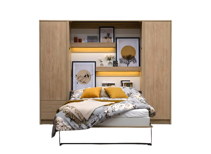 Lit mural rabattable avec armoires tiroirs et chevet ouverture pneumatique – LOLITA