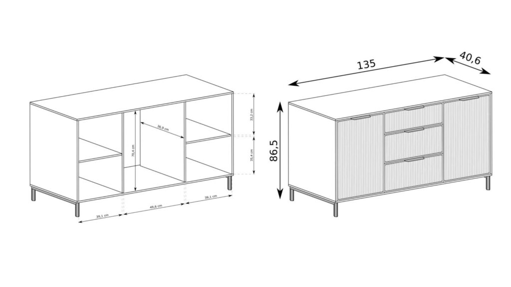 Croquis buffet 2 portes 3 tiroirs KELLY
