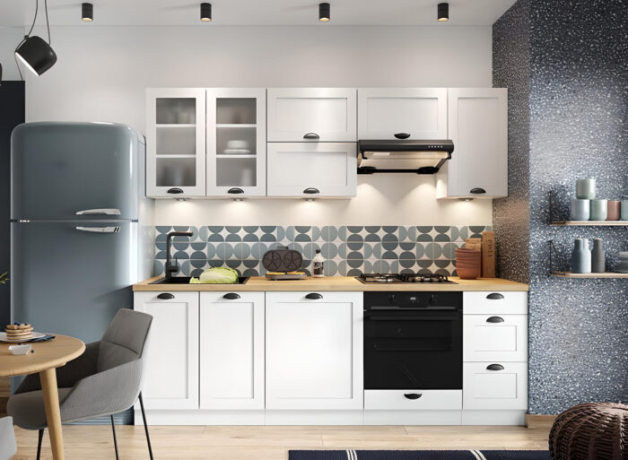 Cuisine complète 240 cm emplacement pour four encastrable couleur blanc ou bleu – VICTORIA