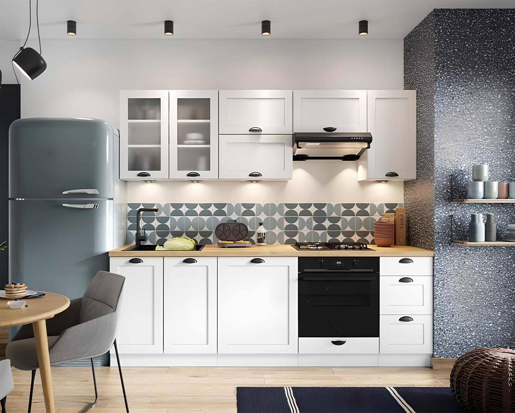 Cuisine complète 240 cm linéaire option four encastrable Blanc 240 cm - VICTORIA Cuisine complète 240 cm linéaire option four encastrable Blanc 240 cm - VICTORIA