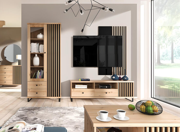 Vitrine 2 portes 2 tiroirs 10 étagères 90 cm Chêne et Noir – ZEBRA