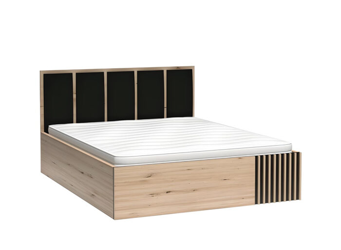 Lit coffre avec sommier relevable et tête de lit inclus Chêne et Noir – ZEBRA