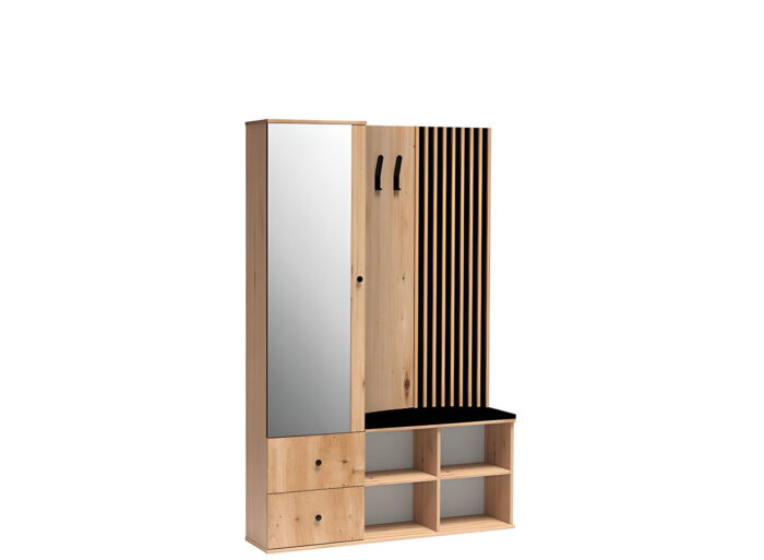 Meuble d’entrée vestiaire 1 porte 2 tiroirs avec étagères Chêne et Noir 130 cm – ZEBRA