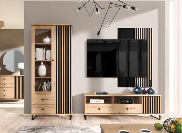 Vitrine 2 portes 2 tiroirs pieds métal 90 cm Chêne et Noir – ZEBRA