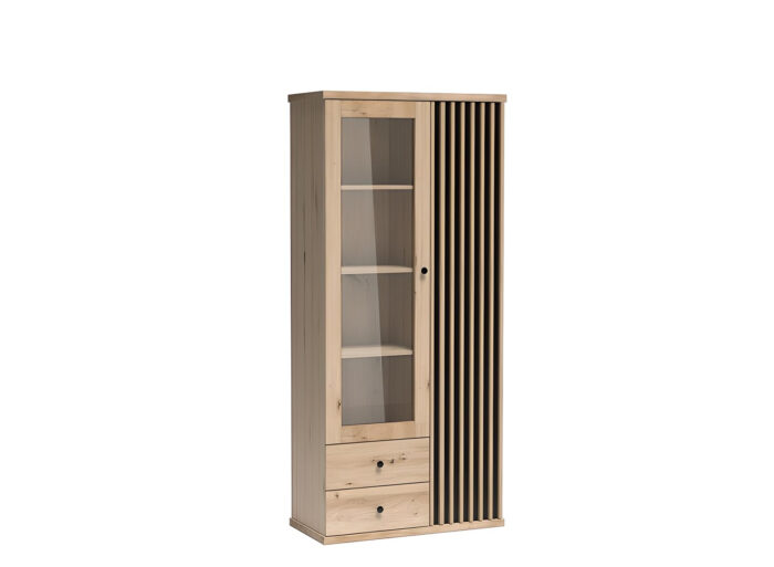 Vitrine 2 portes 2 tiroirs 10 étagères 90 cm Chêne et Noir – ZEBRA