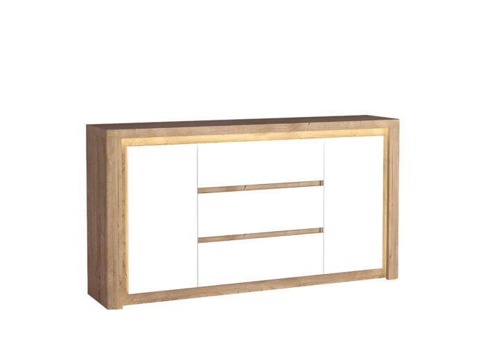 Buffet 2 portes 3 tiroirs Blanc et Chêne 185 cm – ADEL
