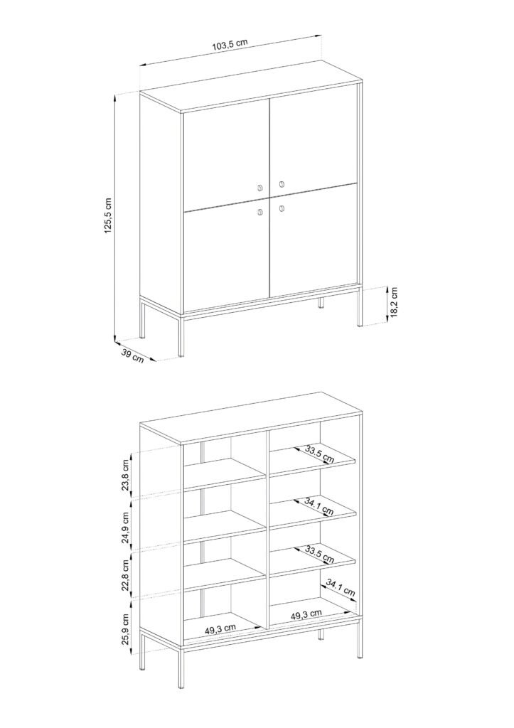 Dimensions buffet haut 4 portes pieds métal or 104 cm ROSALIA