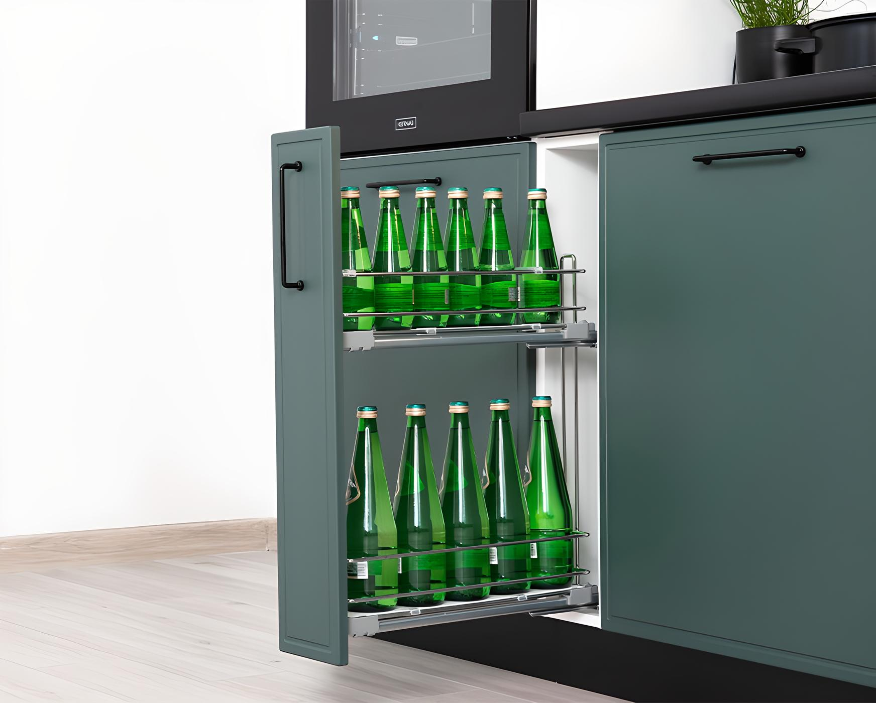 Compartiment intégré dans la Cuisine complète option four et lave-vaisselle encastrable verte 270 cm LYNN, l'alliance parfaite de l'esthétique et de la fonctionnalité offre un rangement accessible pour les boissons Compartiment intégré dans la Cuisine complète option four et lave-vaisselle encastrable verte 270 cm LYNN, l'alliance parfaite de l'esthétique et de la fonctionnalité offre un rangement accessible pour les boissons
