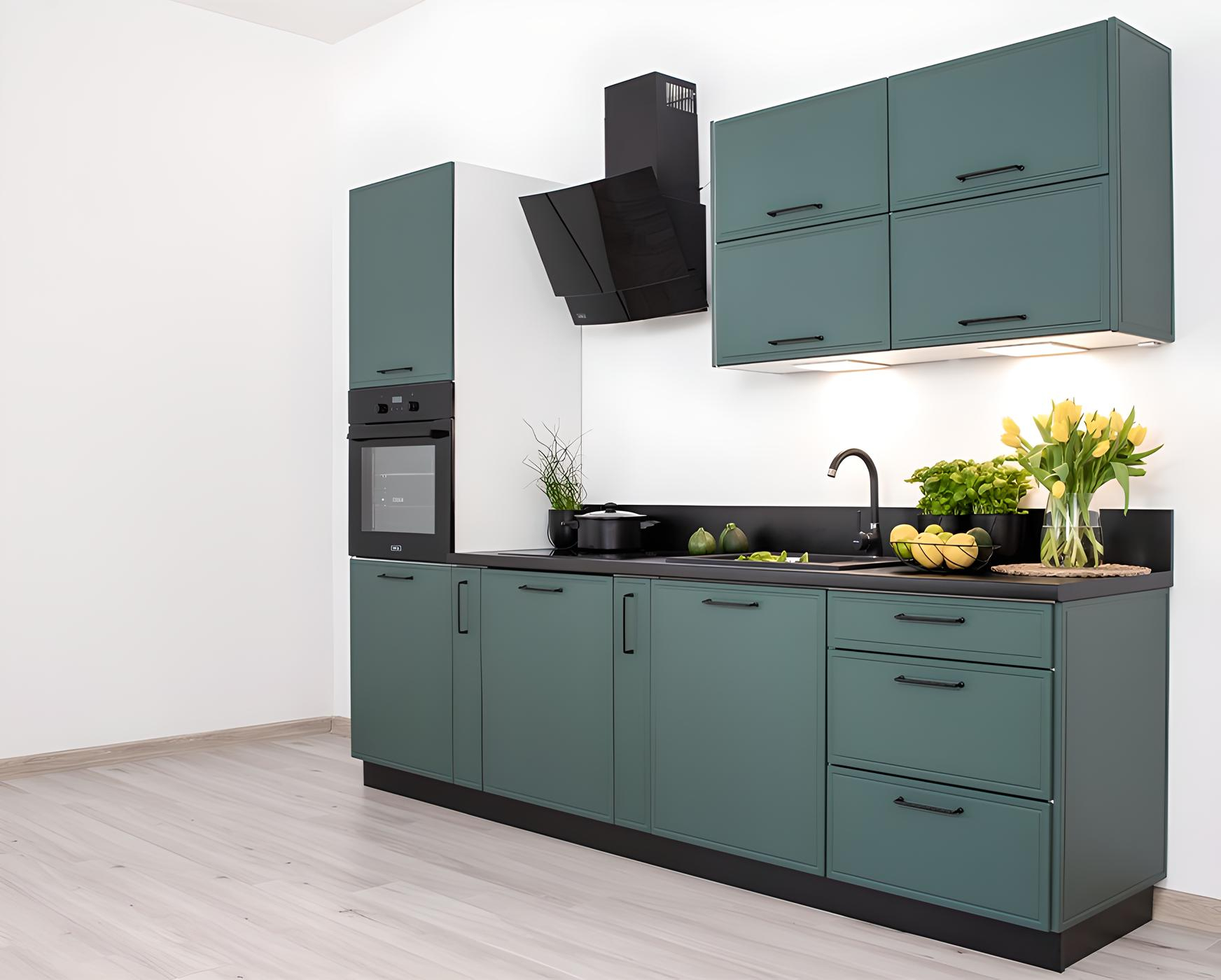 Cuisine complète option four et lave-vaisselle encastrable verte 270 cm LYNN, l'alliance parfaite de l'esthétique et de la fonctionnalité Cuisine complète option four et lave-vaisselle encastrable verte 270 cm LYNN, l'alliance parfaite de l'esthétique et de la fonctionnalité