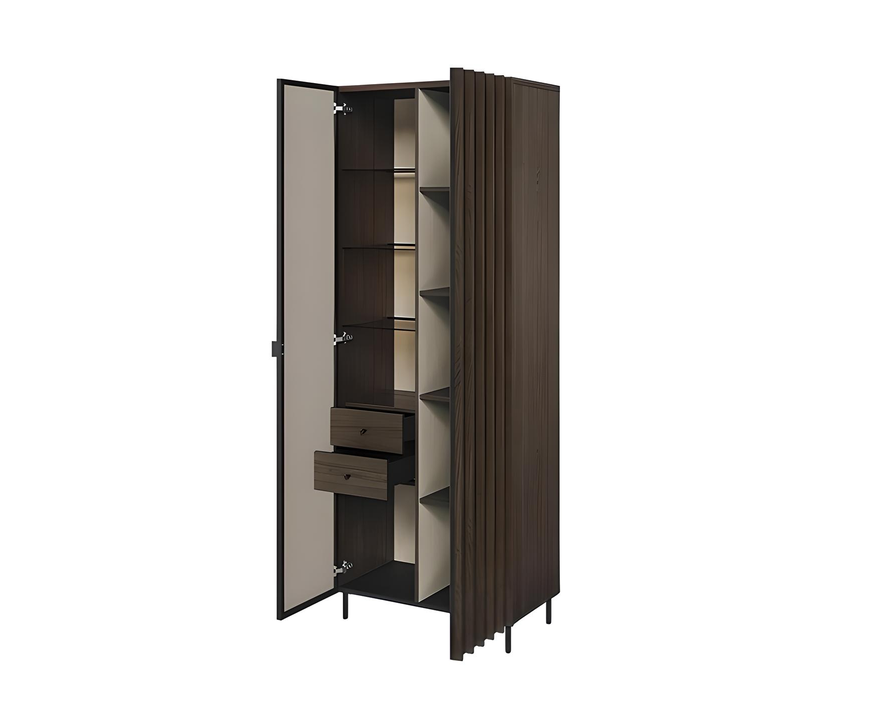 La vitrine CARENNE révèle son espace intérieur fonctionnel avec des étagères et des tiroirs pratiques La vitrine CARENNE révèle son espace intérieur fonctionnel avec des étagères et des tiroirs pratiques