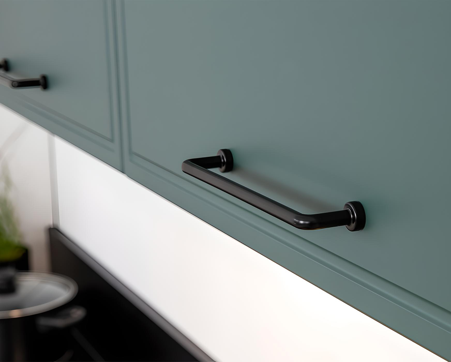 Le design élégant de la cuisine LYNN est mis en avant par ses armoires vertes et ses poignées Le design élégant de la cuisine LYNN est mis en avant par ses armoires vertes et ses poignées