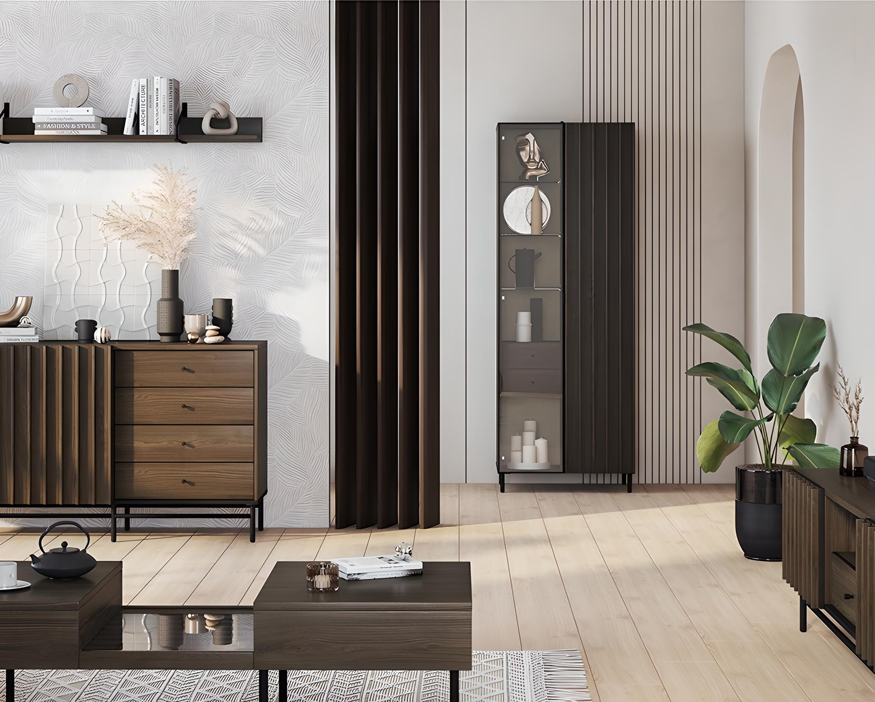 Vitrine 2 portes 2 tiroirs bois foncé 73 cm CARENNE là où le style rencontre l’utilité Vitrine 2 portes 2 tiroirs bois foncé 73 cm CARENNE là où le style rencontre l’utilité