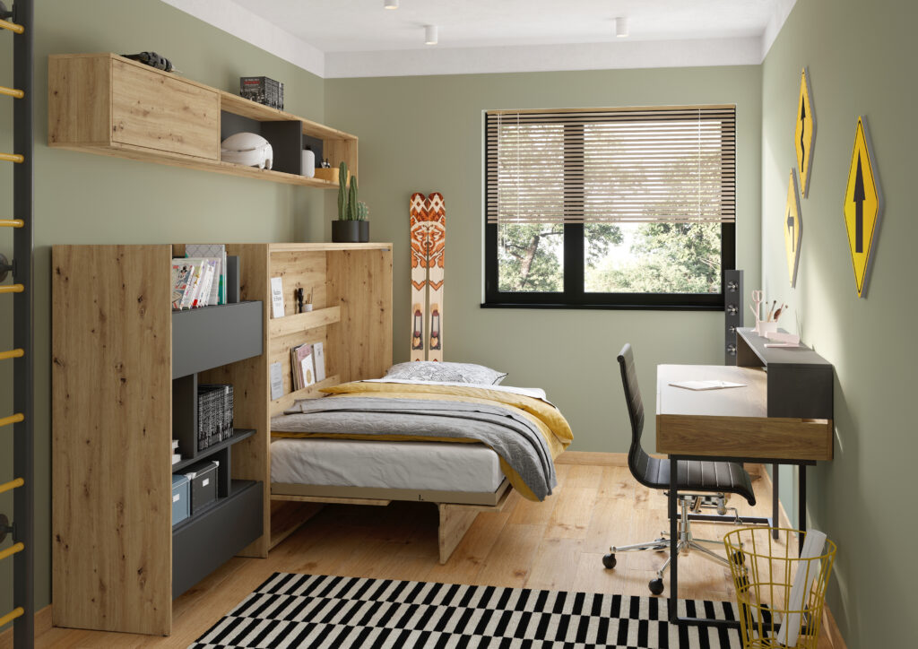 lit mural escamotable horizontal 120x200 SMART avec rangements assortis - bois ouvert - photo d'ambiance