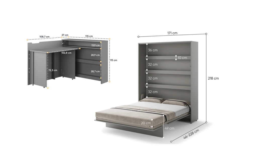 Lit escamotable SMART et bureau ENJOY ouverture à droite - dimensions
