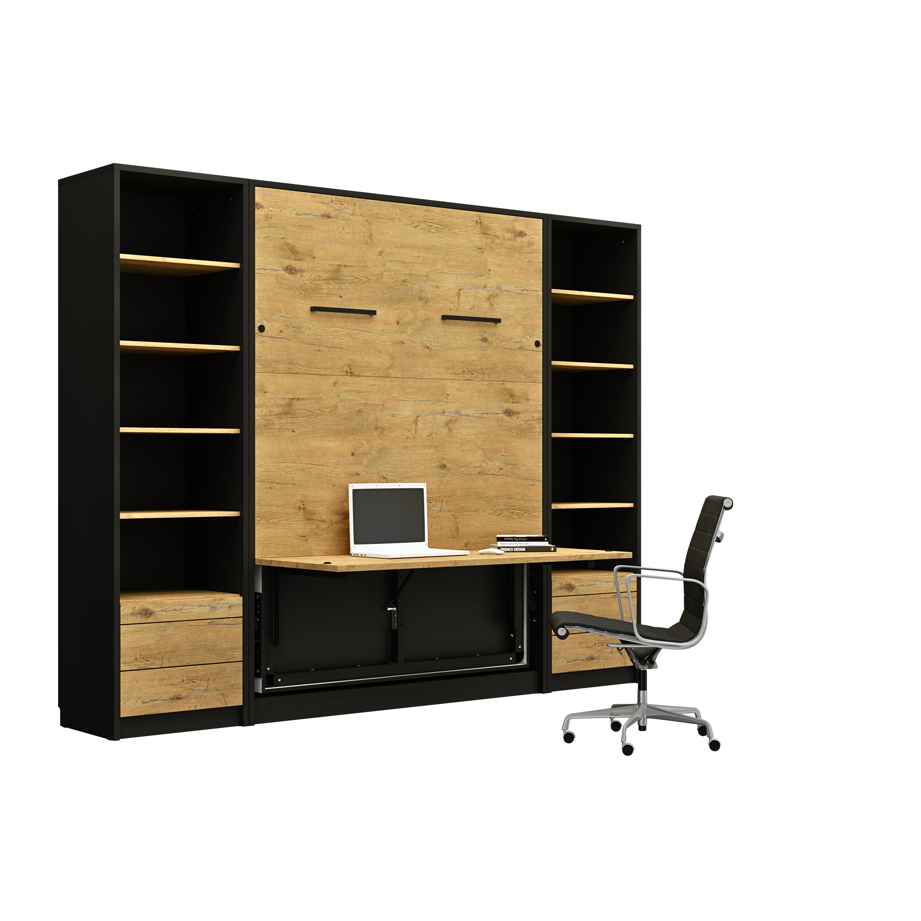noir bureau ouvert lit escamotable et bibliothèque - LOLITA - noir bureau ouvert