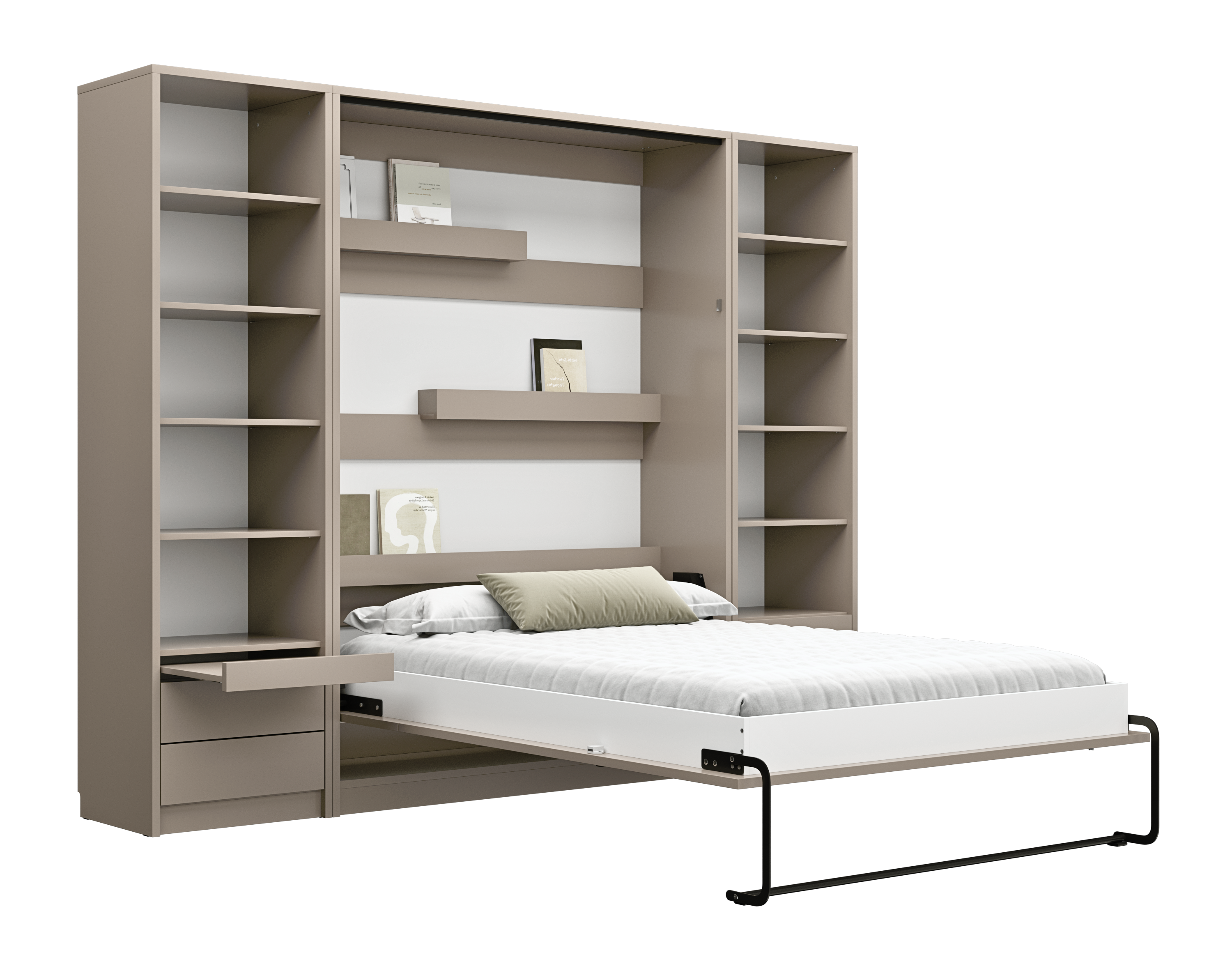 taupe ouvert lit escamotable et bibliothèque - LOLITA - taupe ouvert