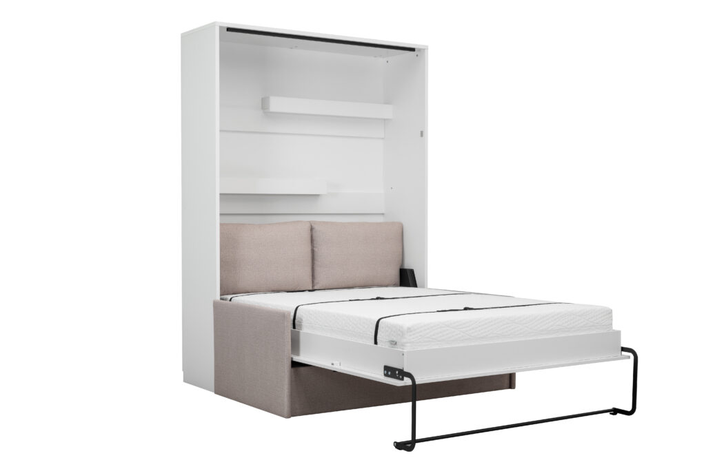Lit mural escamotable avec canapé beige - blanc - 3/4 ouvert