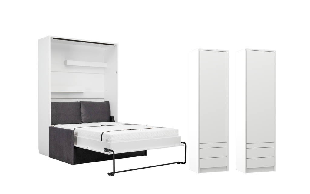 Ensemble LOLITA rangement blanc - canapé gris - ouvert